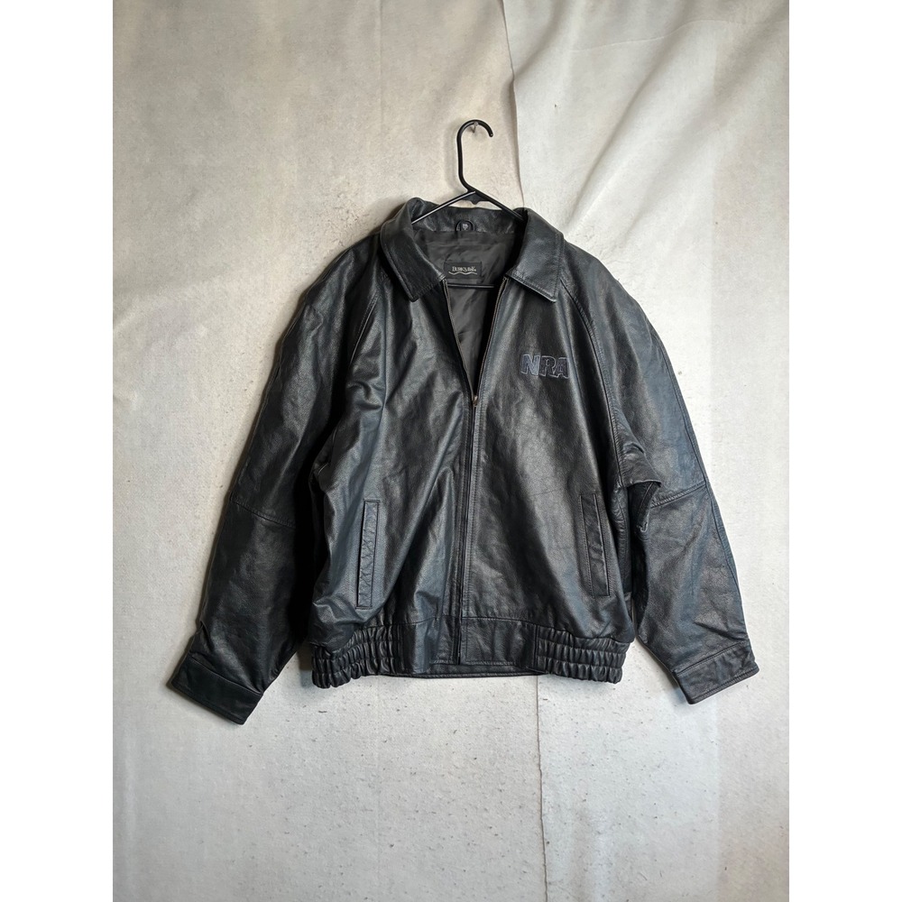 VTG Burks Bay Mens 2XL Black Genuine Leather NRA Bomber Jacket Full Zip